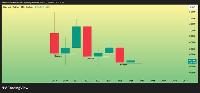 A TradingView candlestick chart of Algorand/Tether (ALGO/USDT) on a 12-month timeframe showing yearly price action from 2019 to 2025, with 'Bottom' markers indicating low points in several years.