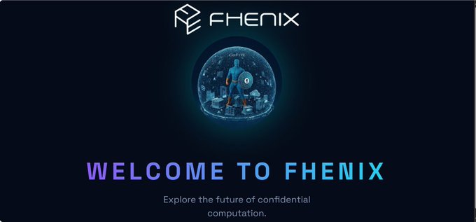 Welcome screen for Fhenix with the tagline 'Explore the future of confidential computation,' featuring a superhero graphic inside a bubble above the text 'WELCOME TO FHENIX.'