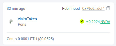 A screenshot of a blockchain transaction from Robinhood showing a successful "claimToken" action by Pons that earned +0.2924 NVDA, with a minimal gas fee of under 0.0001 ETH ($0.0525). The image illustrates a yield-farming step consistent with the post's instructions for using Hermes or Grok bots to farm Robinhood fees by claiming token rewards on EVM networks.