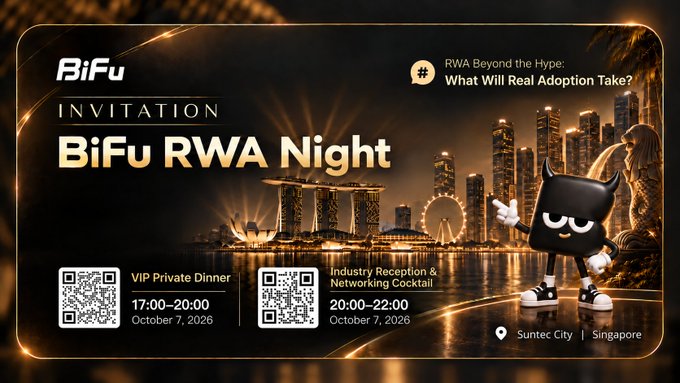 A digital invitation for 'BiFu RWA Night' featuring a cartoon character, displaying event details for a VIP Private Dinner (17:00-20:00) and Industry Reception & Networking Cocktail (20:00-22:00) on October 7, 2026, in Suntec City, Singapore, with the theme 'RWA Beyond the Hype: What Will Real Adoption Take?'