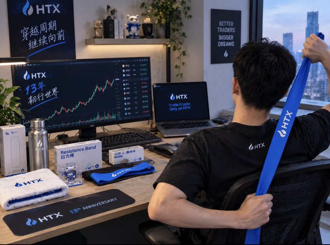 A man sits at a desk displaying HTX's 13th Anniversary merchandise—including branded water cups, resistance bands, sports towels, and pendants—while stretching with a blue HTX resistance band in front of dual monitors showing HTX trading platforms and "13年 勐行世界" anniversary graphics, perfectly matching the post's celebration of practical, usable HTX anniversary swag.