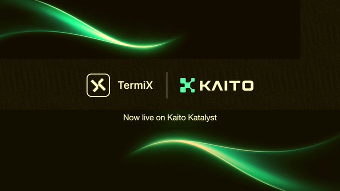 A digital advertisement with green light wave graphics on a black background, displaying the "Termix" and "KAITO" logos with the text "Now live on Kaito Katalyst".