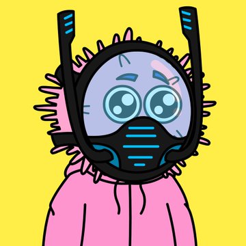 A cartoon-style illustration shows a character wearing a futuristic black diving-style helmet with blue accents, featuring large expressive eyes behind a clear visor, set against a bright yellow background and framed by a pink fuzzy hood—visually representing the playful "Urchin Frens" NFT persona being adopted in the post.