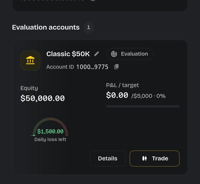 A dark-themed trading app interface showing an 'Evaluation accounts' section with a 'Classic $50K' account, an Equity of $50,000.00, P&L of $0.00, a $1,500.00 daily loss limit, and buttons for 'Details' and 'Trade'.