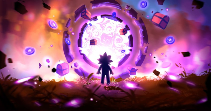 A spiky-haired character stands before a glowing purple and pink portal surrounded by floating cubes and cosmic energy, evoking the sense of stepping through an interdimensional gateway. The swirling vortex mirrors the anticipation of minting into a new digital realm via the Chog NFT portal on August 30th.