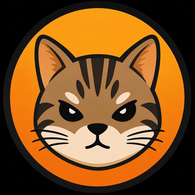 A digital illustration of an angry-looking tabby cat face inside an orange circular badge, likely a profile picture or logo.