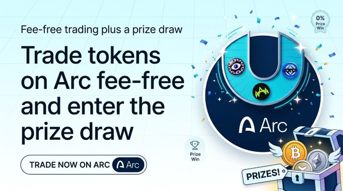 An advertisement banner reading 'Fee-free trading plus a prize draw' and 'Trade tokens on Arc fee-free and enter the prize draw' with an 'Arc' logo and a 'TRADE NOW ON ARC' button.