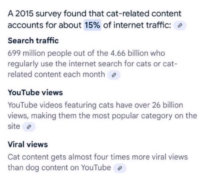 A 2015 survey statistic showing that cat-related content accounts for about 15% of internet traffic, with 699 million people searching for cats and cat YouTube videos getting 26 billion views.