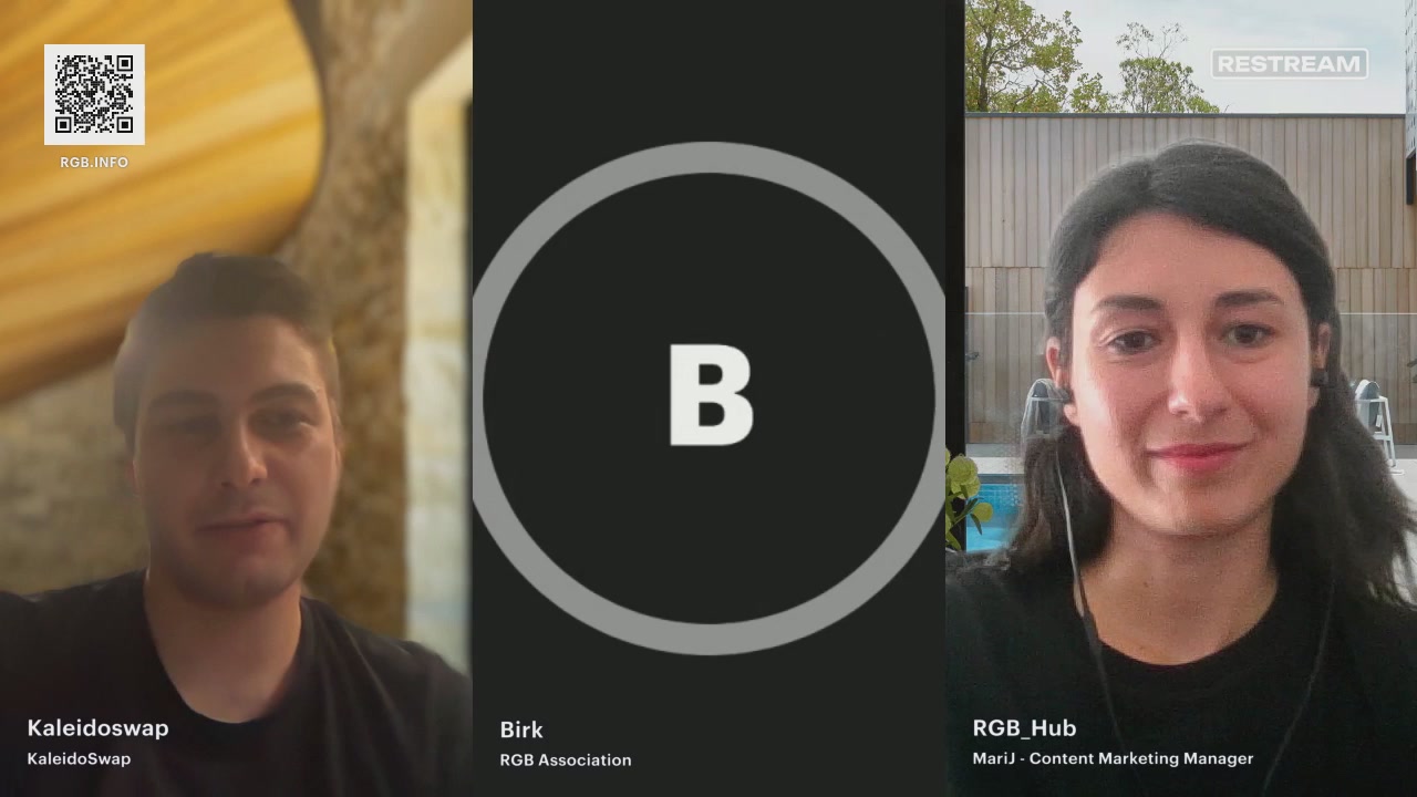 The image shows two people, a man and a woman, standing next to each other with their faces close together against a black background. They are positioned at the center of the frame, creating a sense of balance between them. The text "RGB Community Call - Trustless atomic swaps" is displayed in white letters above the couple's heads, indicating that they are participating in an online community call or webinar related to atomic swapping and trustless atomic swaps.
