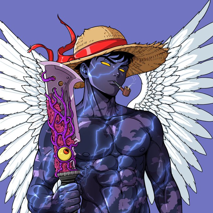 An anime-style illustration of a muscular blue-skinned angel with white wings, wearing a straw hat and smoking a pipe while holding a mystical blade with a demonic eye.