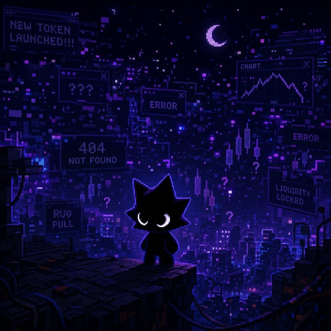 A small black spiky-haired character with glowing white eyes stands on a digital platform beneath a crescent moon, surrounded by glitching windows displaying crypto-themed messages like "NEW TOKEN LAUNCHED!!!," "ERROR," "404 NOT FOUND," "RUG PULL," and "LIQUIDITY LOCKED." The pixelated, chaotic cyber aesthetic mirrors the post's narrative of being dismissed as a "bug" and "glitch," positioning the mysterious figure as an inexplicable anomaly within a turbulent digital crypto landscape tied to the $IKKO memecoin.