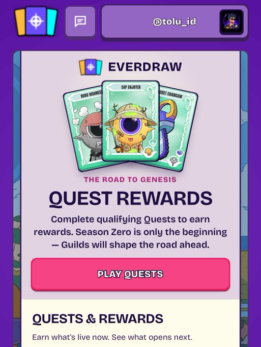 A mobile app interface for 'EVERDRAW' (@tolu_id) displaying a 'QUEST REWARDS' section with three NFT-style cards featuring characters like 'Road Runner' and 'Sap Executor', and a 'PLAY QUESTS' button.