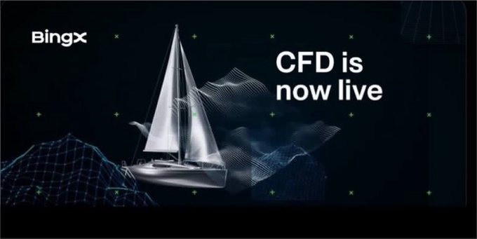 A promotional graphic featuring a sailboat with the text 'BingX' on the left and 'CFD is now live' on the right, set against a dark background with financial wave graphics.
