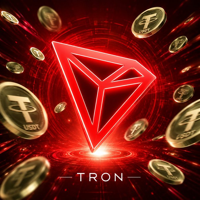 A digital artwork featuring the red glowing Tron logo in the center, surrounded by floating gold USDT (Tether) coins against a dark red, tech-inspired background with the text 'TRON' at the bottom.