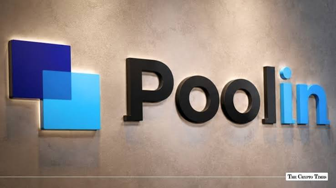 An illuminated logo sign on a textured wall reading 'Poolin' with blue square icons and a 'The Crypto Times' watermark in the corner.