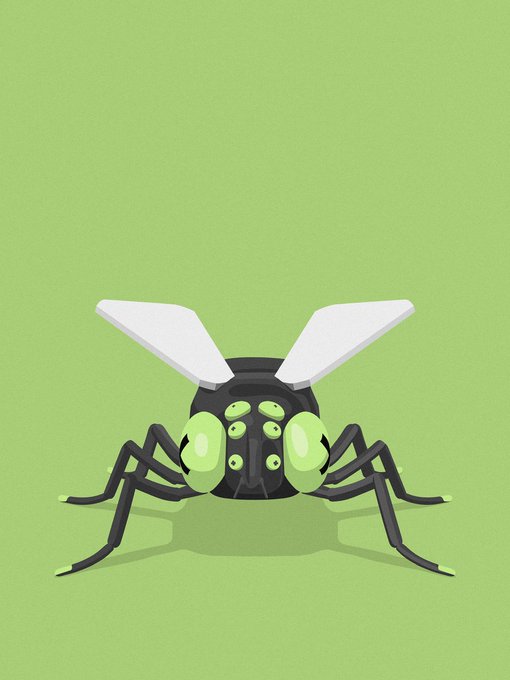 A cartoon illustration of a green and black insect-like creature with white wings on a solid green background.