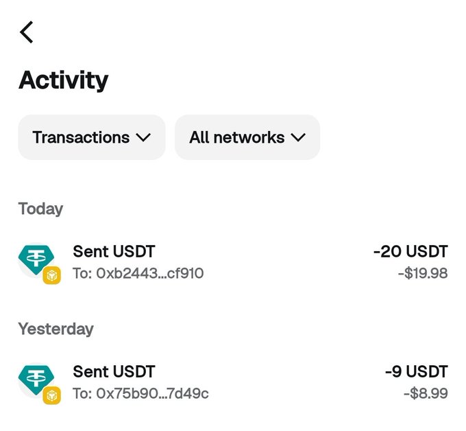 A cryptocurrency wallet activity screen showing two sent USDT transactions: -20 USDT ($19.98) today and -9 USDT ($8.99) yesterday, filtered by All networks.