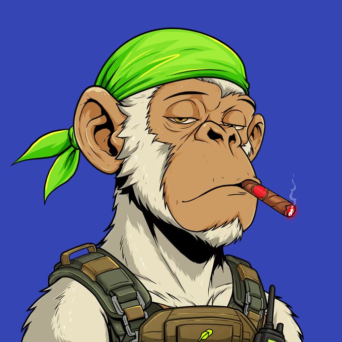 An illustrated white monkey with a green bandana smokes a cigar and wears tactical gear against a blue background.