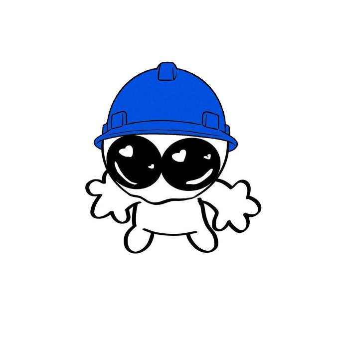 Cartoon illustration of a white figure with large heart-shaped sunglasses and a blue hard hat.