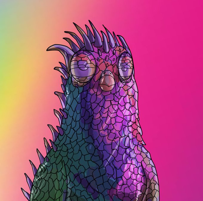 A vibrant, colorful digital illustration of a scaly bird-like creature with spiky plumage and large eyes, set against a bright pink and yellow gradient background.