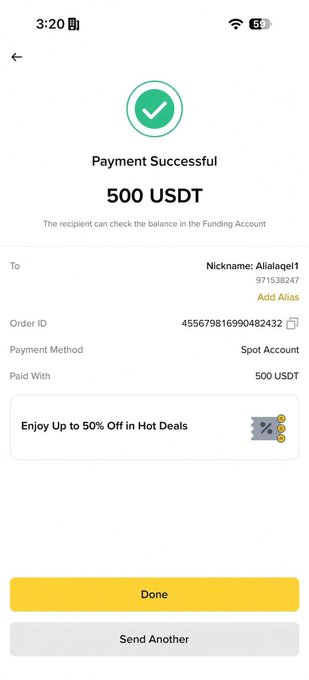 A mobile payment confirmation screen showing a successful transfer of 500 USDT to a Spot Account with the nickname 'Allalagel'.