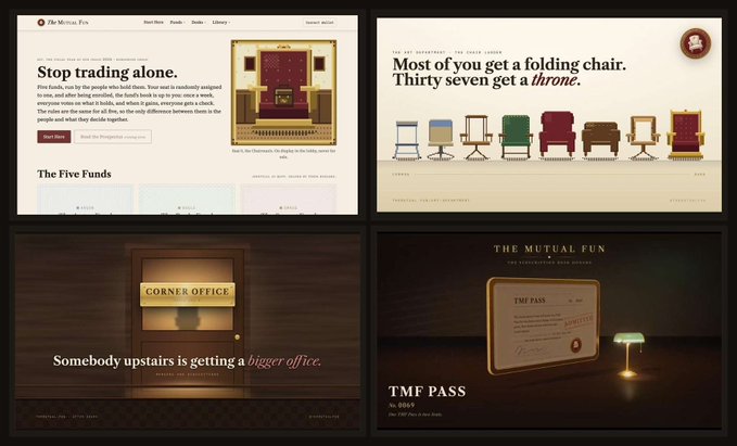Four webpage screenshots from 'The Mutual Fun' featuring luxury-themed content including 'Stop trading alone' with The Five Funds, 'Most of you get a folding chair. Thirty seven get a throne' showing an art experiment of chair designs, 'CORNER OFFICE' with 'Somebody upstairs is getting a bigger office,' and 'TMF PASS No. 0064'.