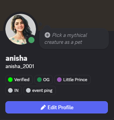 A Discord profile card for 'anisha_2001' displaying the bio 'Pick a mythical creature as a pet' with roles including 'Verified', 'OG', 'Little Prince', and an 'Edit Profile' button.