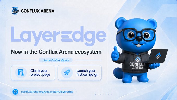 A promotional banner for 'LayerEdge' announcing its presence in the Conflux Arena ecosystem, featuring a blue beaver mascot in a hoodie giving a thumbs up, with options to 'Claim your project page' and 'Launch your first campaign.'