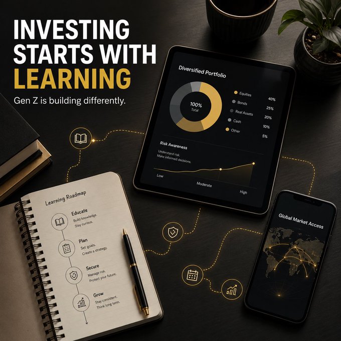 A sleek flat-lay shows a notebook titled "Learning Roadmap" (Educate, Plan, Secure, Grow), a tablet displaying a "Diversified Portfolio" donut chart (Equities 40%, Bonds 25%, Real Assets 20%, Cash 10%, Other 5%) with a Risk Awareness gauge, and a smartphone showing "Global Market Access," all overlaid with the headline "INVESTING STARTS WITH LEARNING — Gen Z is building differently," visually reinforcing how younger investors are using digital tools and structured education to begin building wealth early.