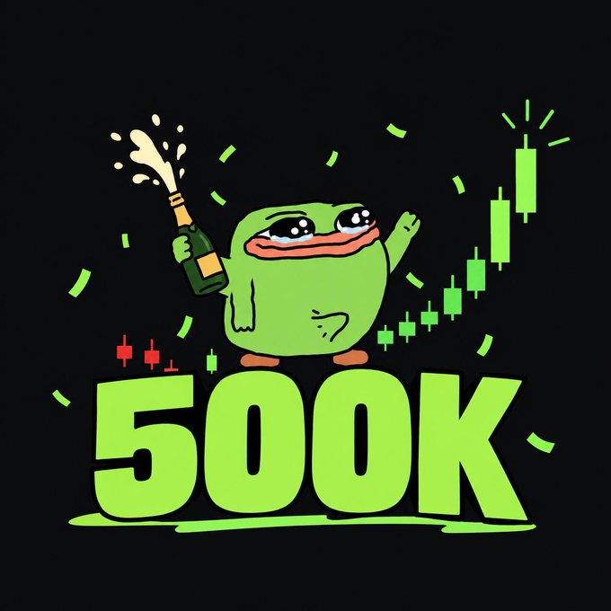 A meme-style graphic featuring the 'Pepe the Frog' character celebrating with champagne, set against a green candlestick chart background, with the text '500K' prominently displayed.