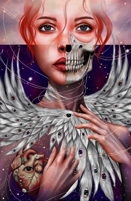 A surreal digital illustration features a woman whose face is half human and half skull, adorned with white feathered wings covered in eyes, holding an anatomical heart against a cosmic purple background.