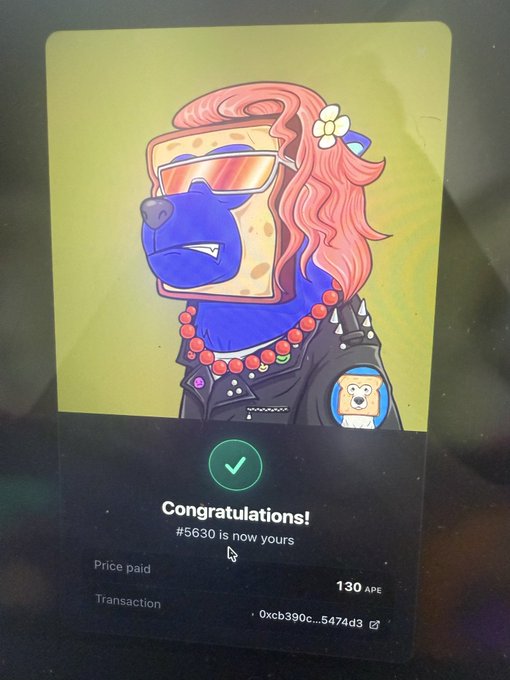 A digital art purchase confirmation screen showing a cartoon leopard character with sunglasses and pink hair, with the message 'Congratulations! #5630 is now yours' for 130 APE.