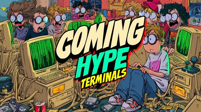 A colorful, comic-style illustration of excited youths surrounding retro computer terminals with the bold text 'COMING HYPE TERMINALS' prominently displayed in the center.