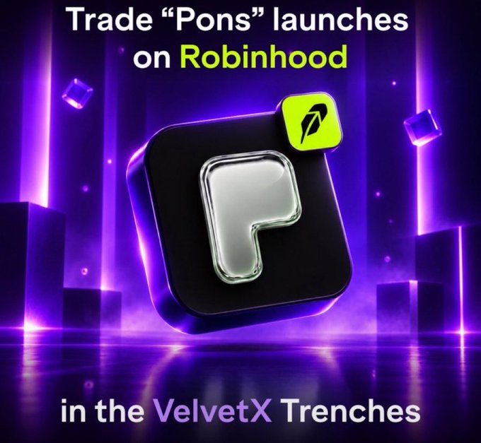 A promotional graphic showing a stylized "P" icon with the Robinhood logo, text reading "Trade 'Pons' launches on Robinhood" at the top and "in the VelvetX Trenches" at the bottom, set against a purple glowing background.