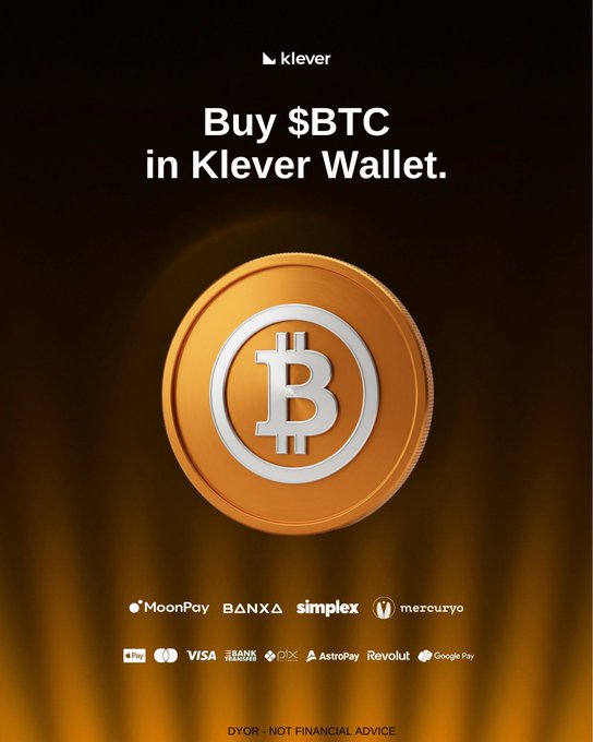 This image showcases the Klever Wallet feature to buy $BTC directly, featuring payment partners like MoonPay, BANXA, Simplex, and Mercuryo. The image directly illustrates the accompanying post's message about purchasing Bitcoin within the Klever Wallet.