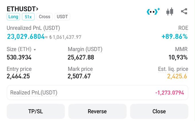 The image shows a cryptocurrency trading interface for an ETHUSDT long position with 51x leverage, displaying a substantial unrealized profit of $23,029.68 (≈₺1,061,437.97) at +89.86% ROE, supporting the post's claim of a "record" $23,000 earnings from Ethereum trading. The screenshot provides visual proof of the trader's impressive gains, likely used to attract followers for the giveaway promotion mentioned in the caption.