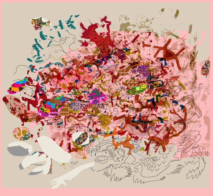 The image features a pink background with an abstract art piece that appears to be a collage of various shapes, colors, and lines. The artwork has been edited or altered using Photoshop, giving it a digital appearance. The text "TezosFoundation" is present in the image, which could potentially be related to the creator or the organization behind this artwork.