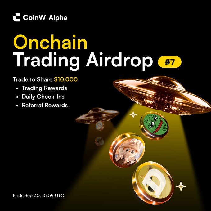 Promotional graphic for CoinW Alpha's "Onchain Trading Airdrop #7" featuring UFOs abducting meme coins (including PEPE and DOGE), advertising a $10,000 prize pool with trading rewards, daily check-ins, and referral bonuses ending September 30 at 15:59 UTC.