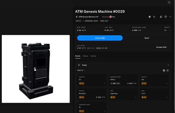 The image shows a digital asset listing page for "ATM Genesis Machine #0029," a Legendary-tier 1 of 5 ATM Genesis Machine V2 NFT with traits including 2S Core PP, Offline Machine State, and 100 Max PP, priced at a 0.05 WETH best offer. This relates to the post as the user celebrates minting and acquiring a second Legendary ATM Genesis Machine, capturing the nostalgic NFT trading excitement.