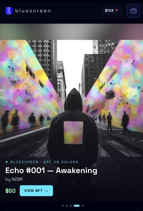 A digital art NFT listing titled 'Echo #001 — Awakening by NZBR' displayed on the 'bluescreen' platform priced at $50, showing a hooded figure on a city street with colorful projections on building walls.