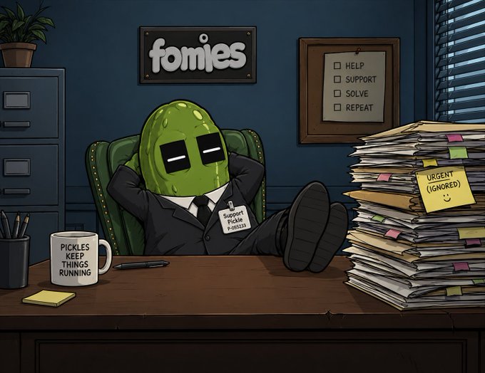 A cartoon illustration of a pickle character wearing a business suit sitting at a desk with its feet up, under a sign reading 'fomies'. The desk has a mug saying 'PICKLES KEEP THINGS RUNNING', a 'Support Pickle' badge, and a clipboard listing 'HELP', 'SUPPORT', 'SOLVE', 'REPEAT' next to a stack of papers labeled 'URGENT (IGNORED)'.