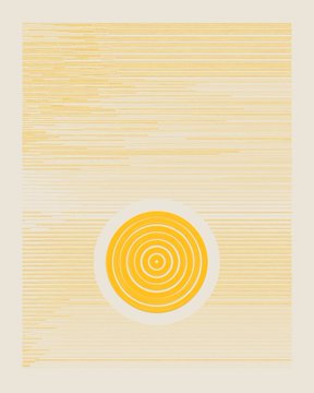 A minimalist illustration of a yellow sun-like spiral design on a light yellow striped background.