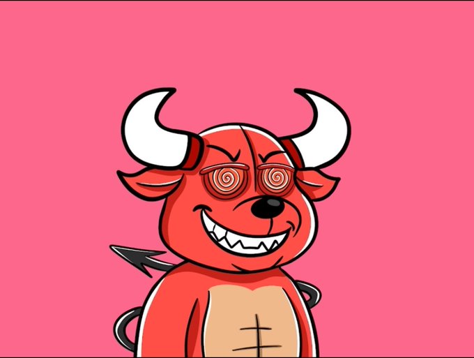 A cartoon illustration of a red devil-like character with white horns, a wide toothy grin, and swirling hypnotic eyes against a pink background.