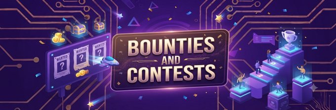 A purple banner graphic reads “BOUNTIES AND CONTESTS,” featuring reward boxes, trophies, coins, and a contestant podium. It visually promotes the listed creator programs, including the Base Creators program ($4,000), Avantis Video Bounty ($1,000, ending September 13), and OnsoloAI Drama Competition ($200k).