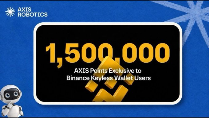 A promotional graphic from Axis Robotics announces '1,500,000 AXIS Points Exclusive to Binance Keyless Wallet Users' featuring the Binance logo and a small robot character.