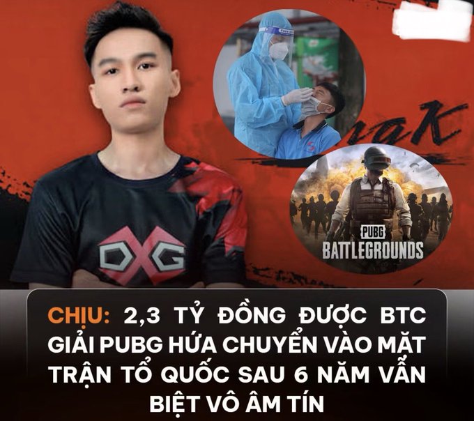 Vietnamese news graphic featuring a young man in an OXG jersey, with images of COVID testing and PUBG Battlegrounds, with text about 2.3 billion VND BTC PUBG prize money.