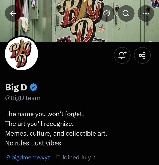 A Twitter/X profile page for 'Big D' (@BigD_team) with a verified blue checkmark, describing itself as 'The name you won't forget. The art you'll recognize. Memes, culture, and collectible art. No rules. Just vibes.' with a link to bigdmeme.xyz.