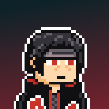 A pixel art character with dark hair, red eyes, and a black and red outfit stands against a gradient red and black background.