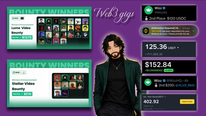 A purple dashboard for 'Web3 giga' shows 'Bounty Winners' announcements for Lume and Stellar Video Bounties, alongside crypto balances for USDT and USDC and a stylized avatar.