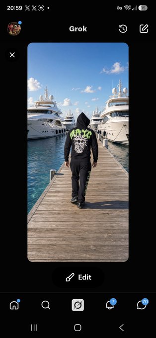 A screenshot of the Grok app interface displays an edited image of a person in a black hoodie walking down a wooden dock lined with yachts.